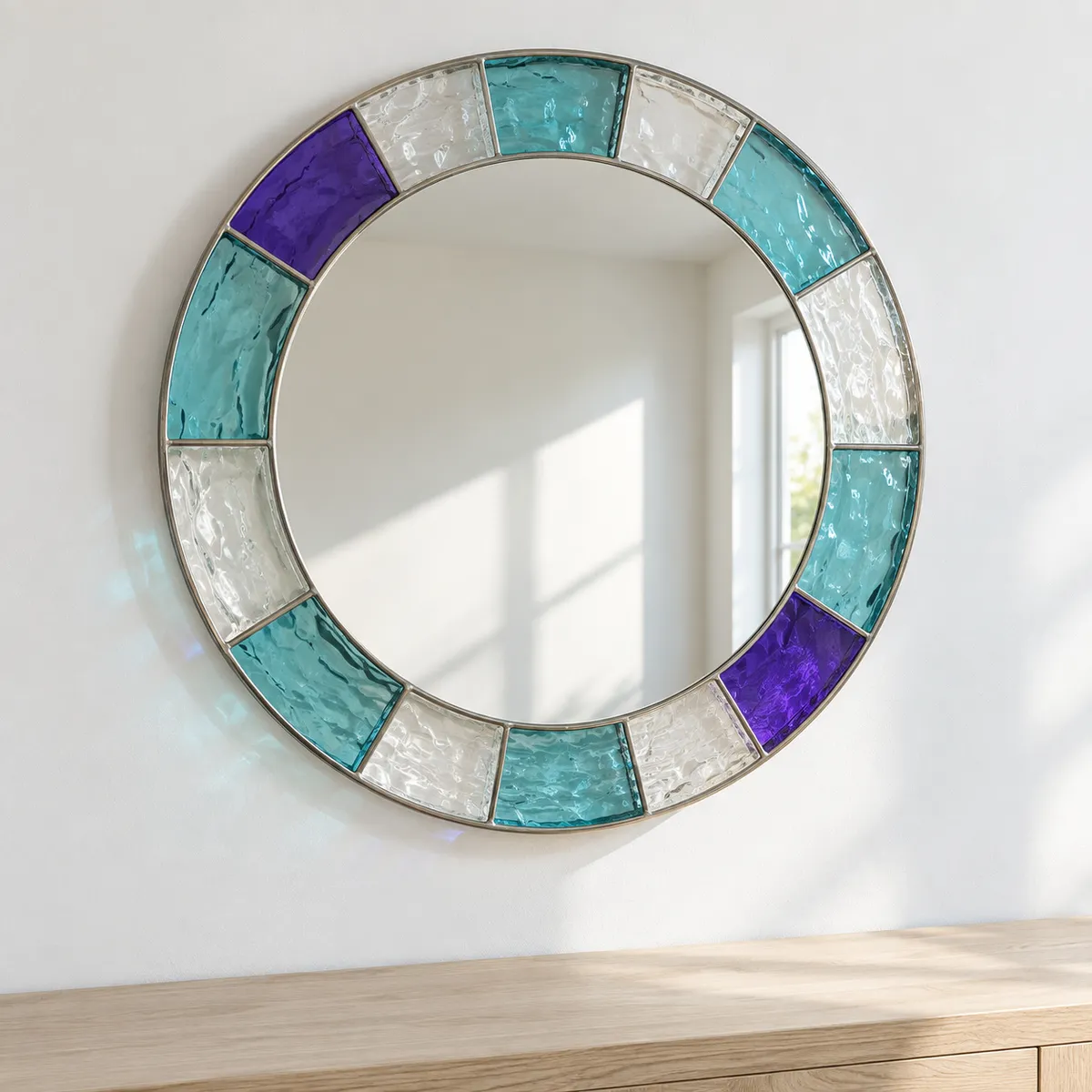 Round mirror framed with teal, violet and white stained glass tiles