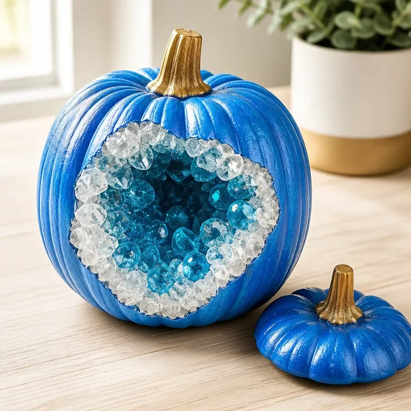 DIY blue crystal pumpkin geode for Halloween home decor
