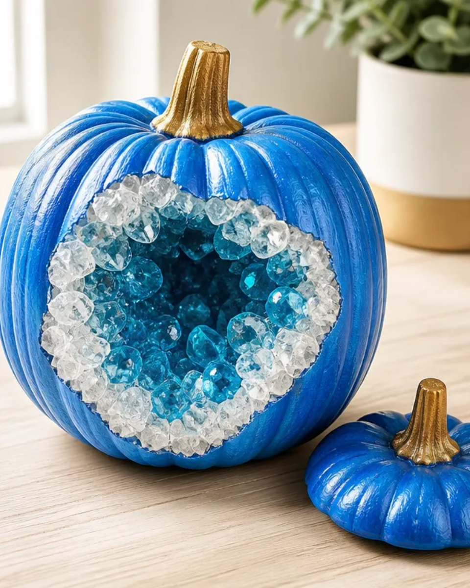 DIY Blue Crystal Pumpkin Geode for Clear Crystal Halloween Decor