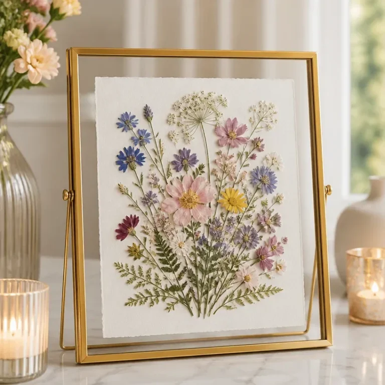 DIY botanical pressed flower wall art display with vibrant dried flowers