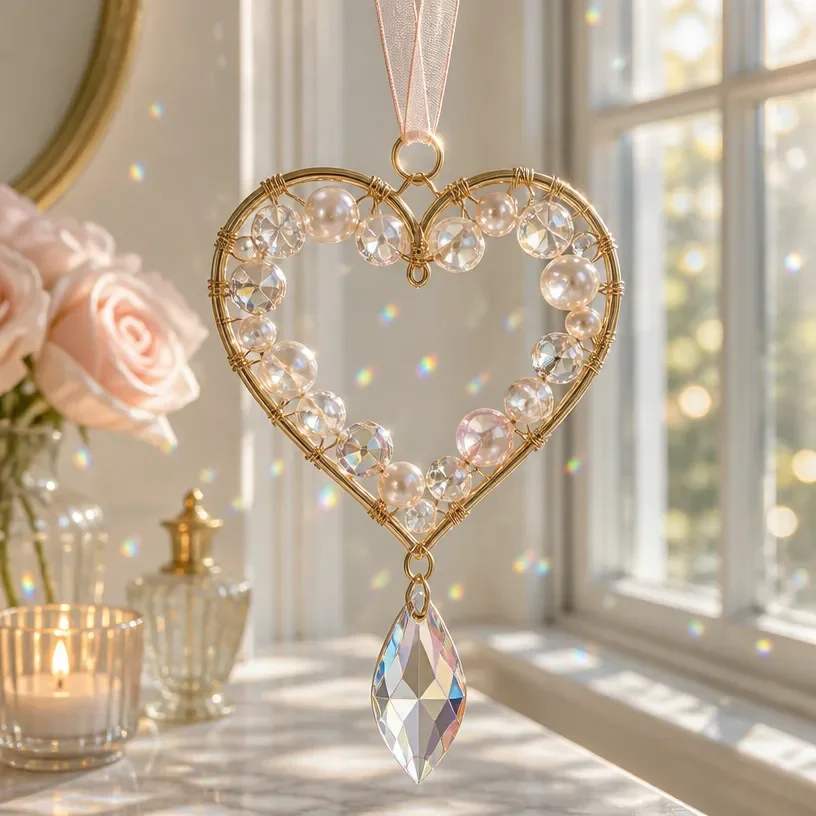 DIY crystal and pearl hanging heart suncatcher tutorial for beautiful home decor
