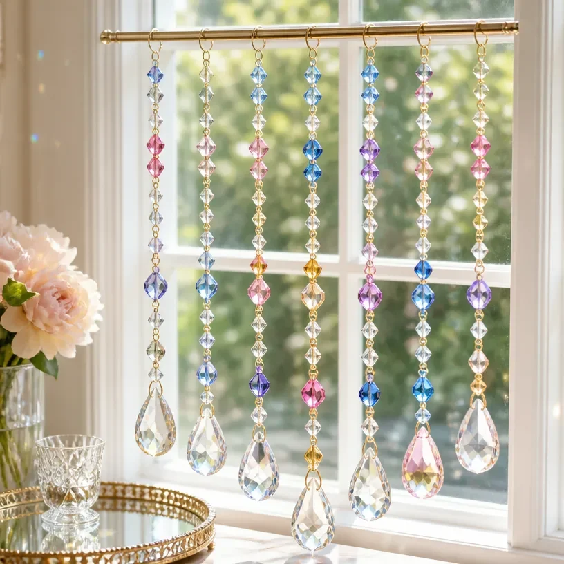 Colorful DIY crystal beaded garland suncatcher hanging in a sunlit window.