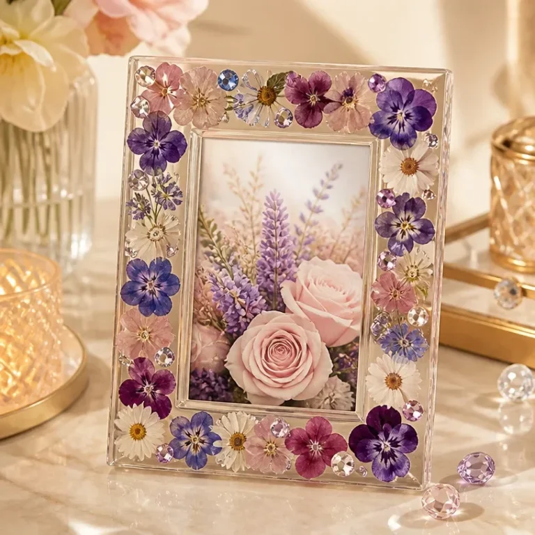 DIY pressed flower crystal picture frame showcasing vibrant flowers in a clear design.