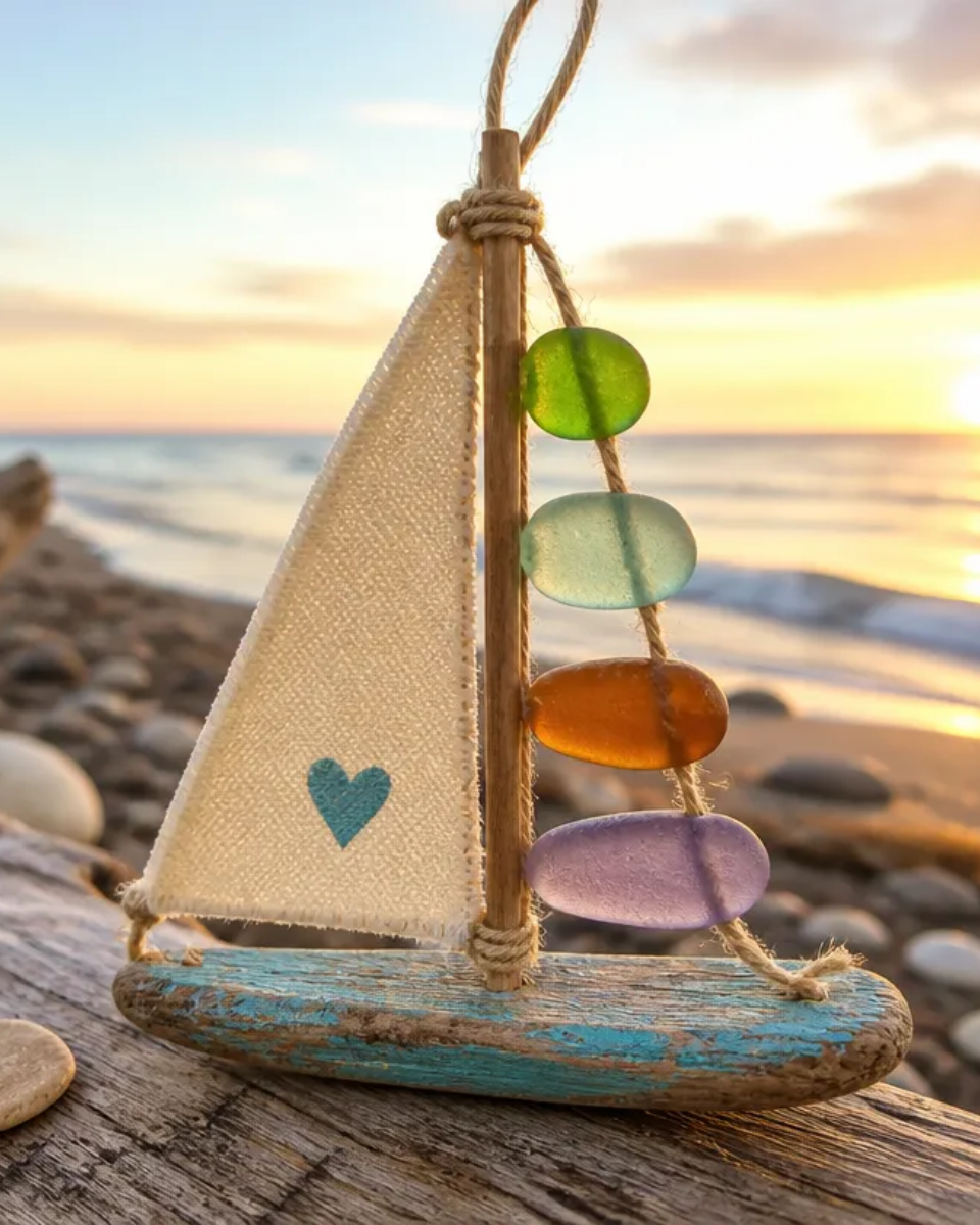 DIY Sea Glass and Driftwood Sailboat Ornament