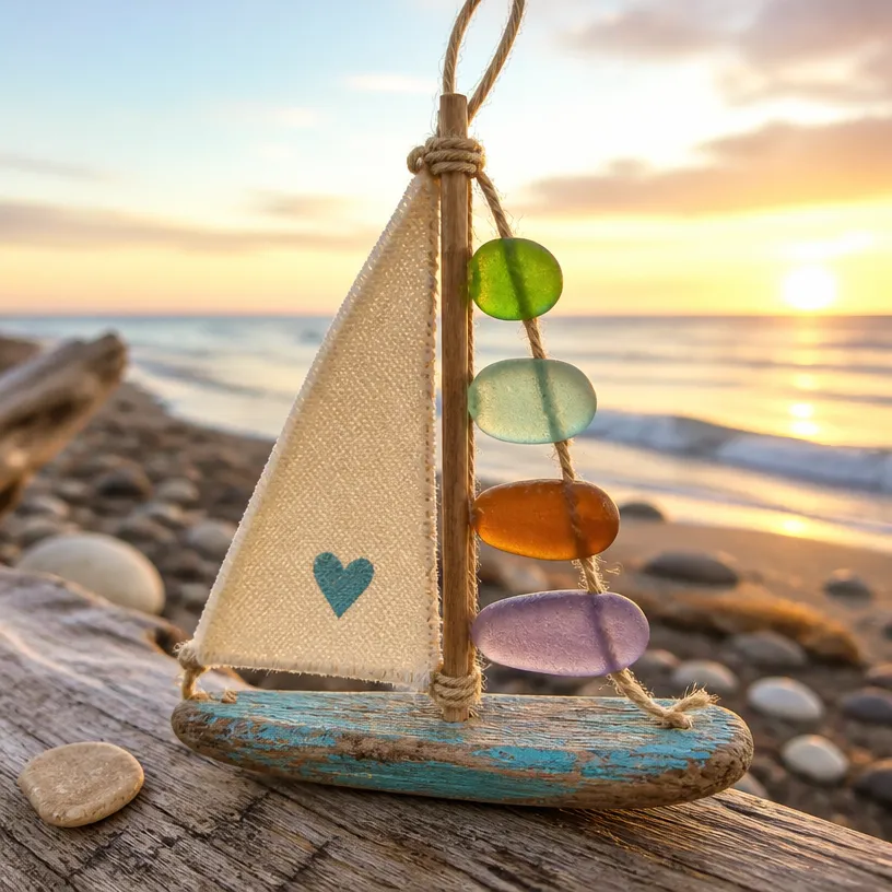Sea Glass and Driftwood Sailboat Ornament - Handmade