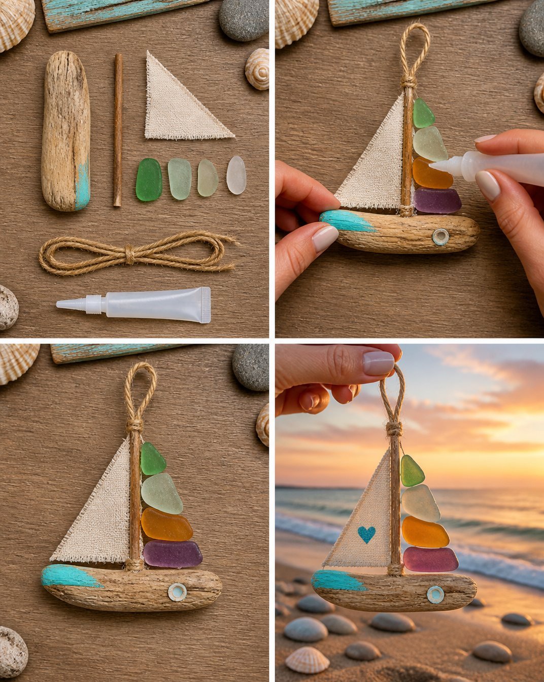 Sea Glass and Driftwood Sailboat Ornament - Handmade