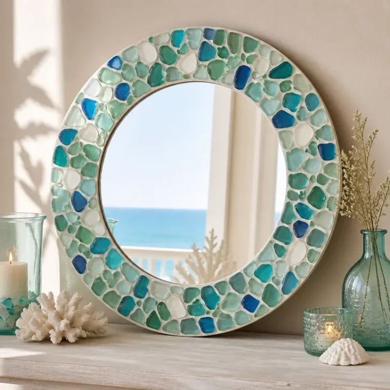 DIY sea glass mosaic mirror for coastal home decoration