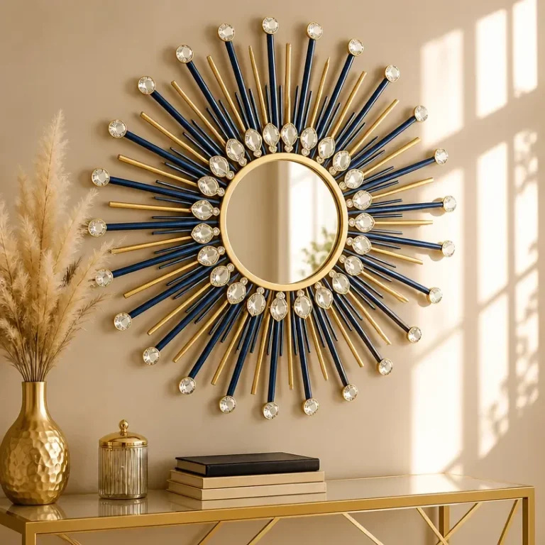 DIY crystal sunburst mirror hanging on a wall for home decor