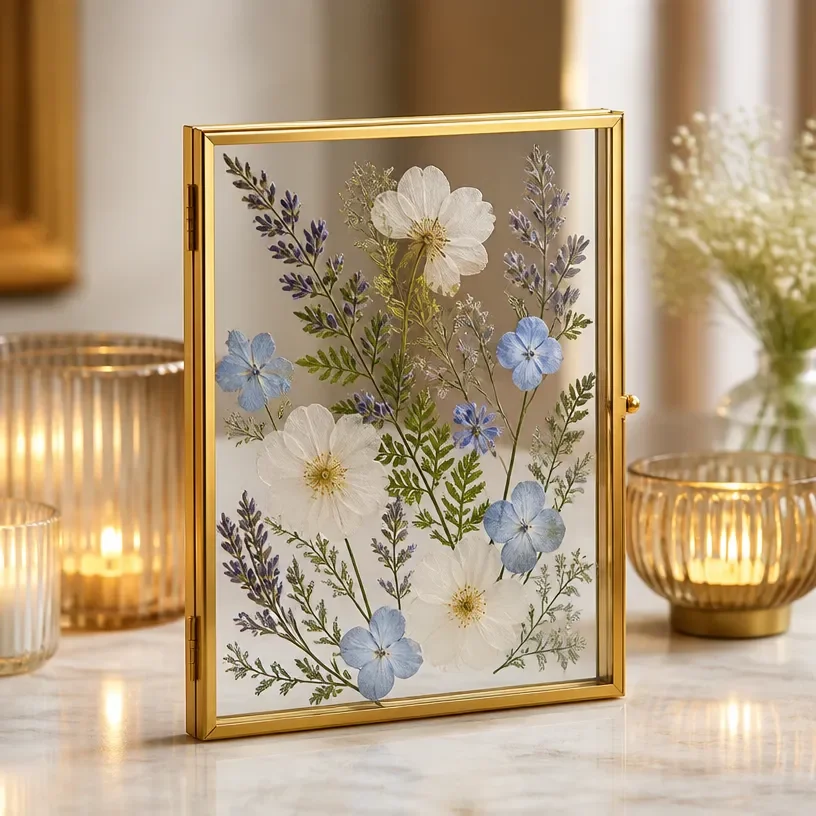 DIY pressed flower floating glass frame with vibrant flowers.
