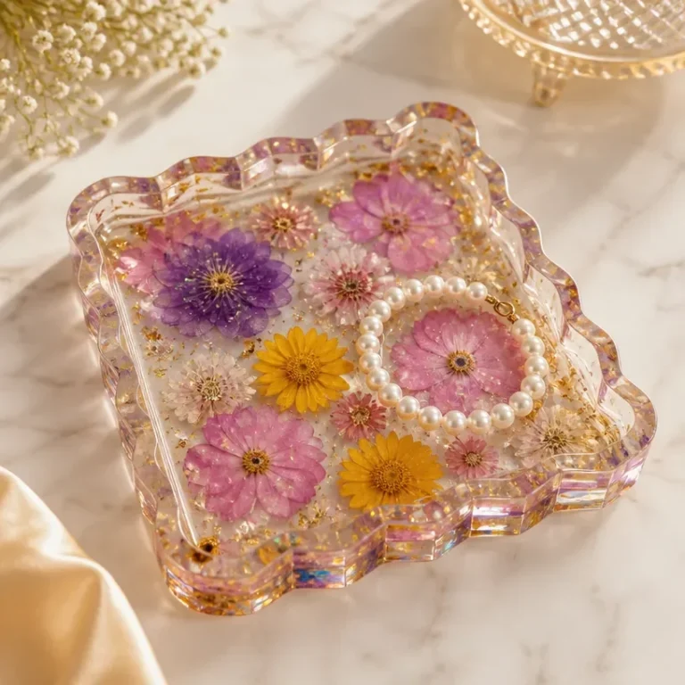Pressed flower resin trinket tray with colorful flowers encased in resin