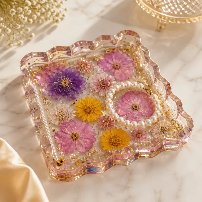 Pressed flower resin trinket tray with colorful flowers encased in resin