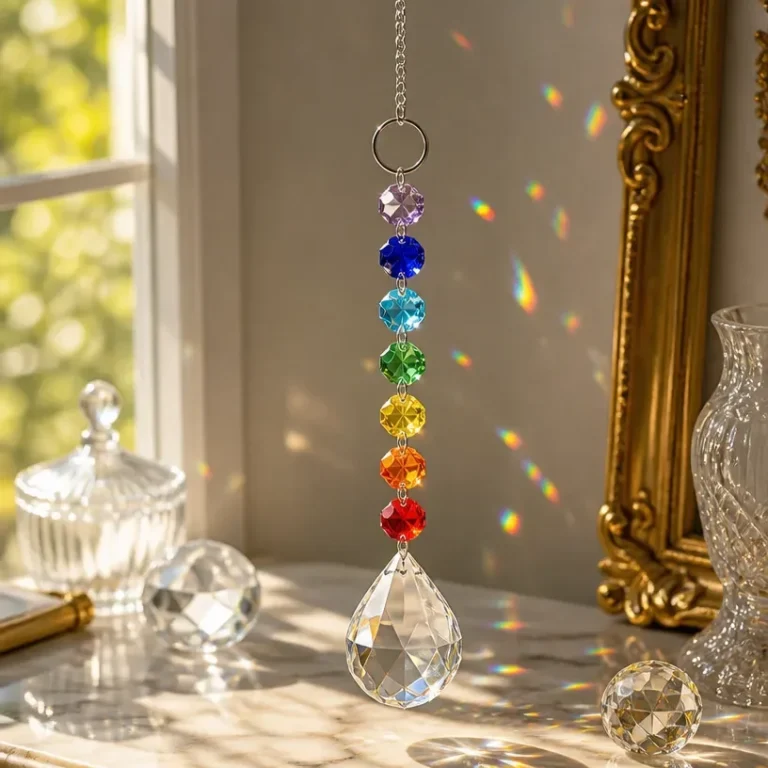 Handmade rainbow crystal suncatcher with colorful beads hanging in sunlight.