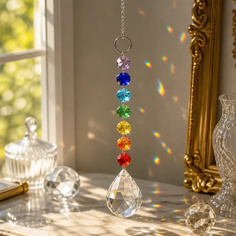 Handmade rainbow crystal suncatcher with colorful beads hanging in sunlight.