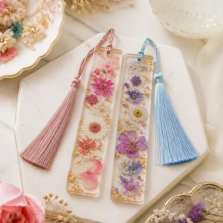 Pressed flower resin bookmarks with colorful flowers encased in resin