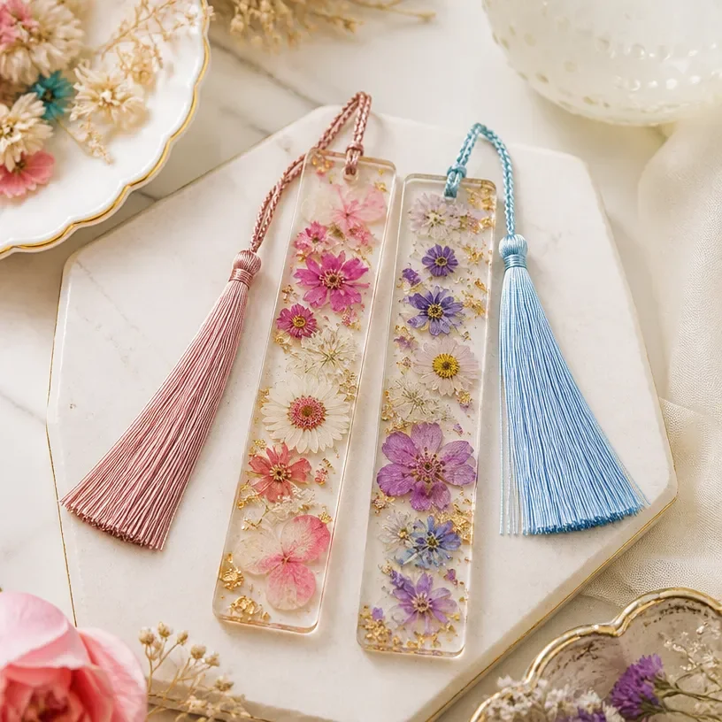 Pressed flower resin bookmarks with colorful flowers encased in resin