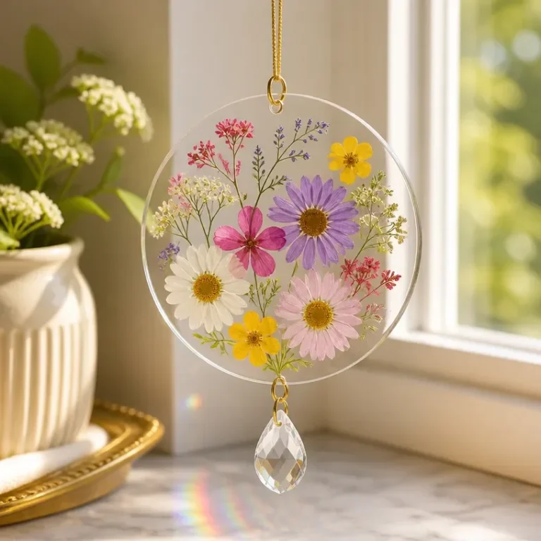 DIY pressed flower crystal suncatcher crafted from vibrant flowers and crystals
