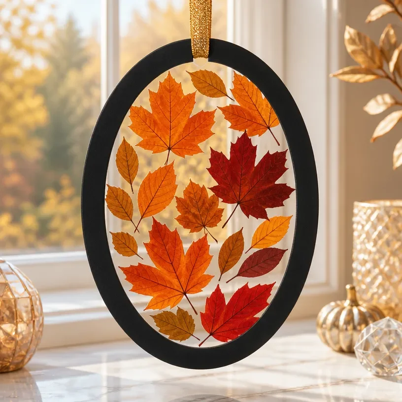 Pressed leaf fall suncatcher displaying vibrant seasonal leaves.