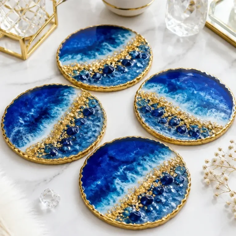 Beautiful resin coasters designed like crystal geodes in various colors.