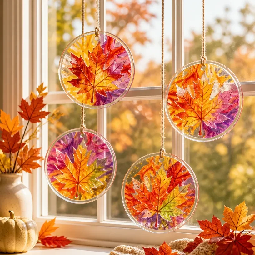 Autumn rainbow marbled leaf suncatchers reflecting colorful light