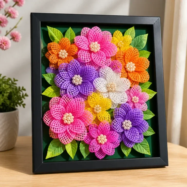 DIY 3D flower wall art made with fruit foam nets for home decoration.