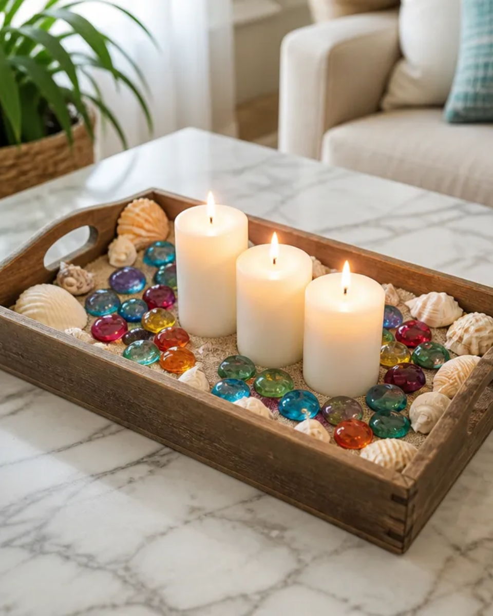 DIY Beach-Themed Candle Tray With Rainbow Glass Gems