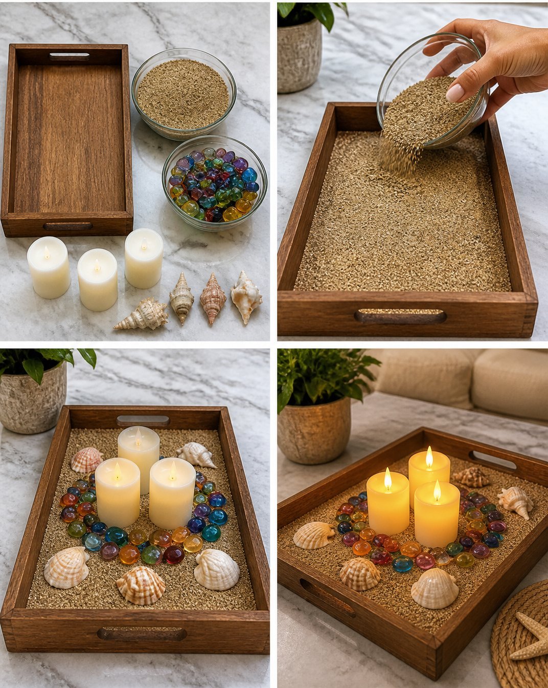 DIY Beach-Themed Candle Tray with Rainbow Glass Gems
