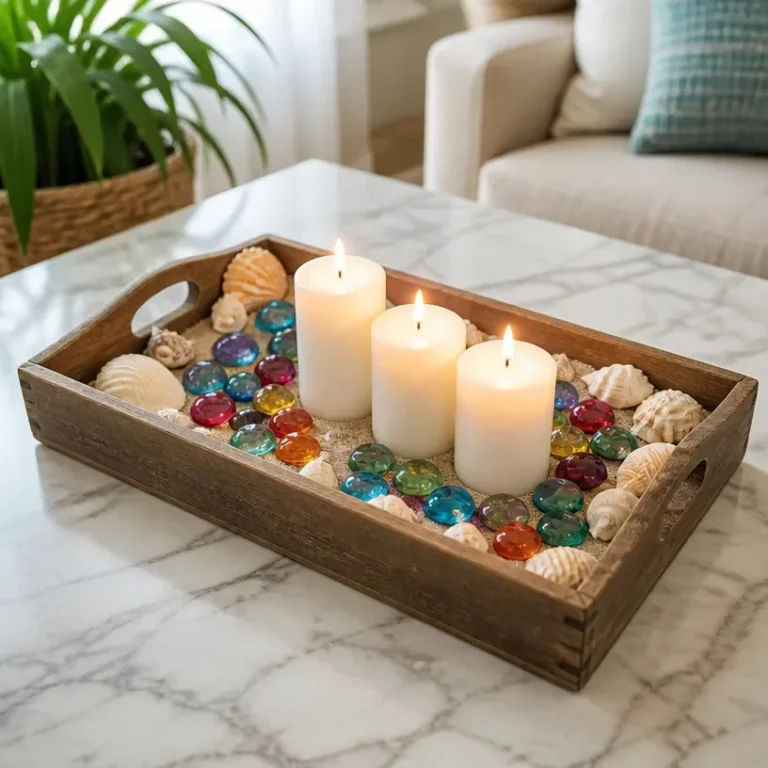 DIY Beach-Themed Candle Tray With Rainbow Glass Gems