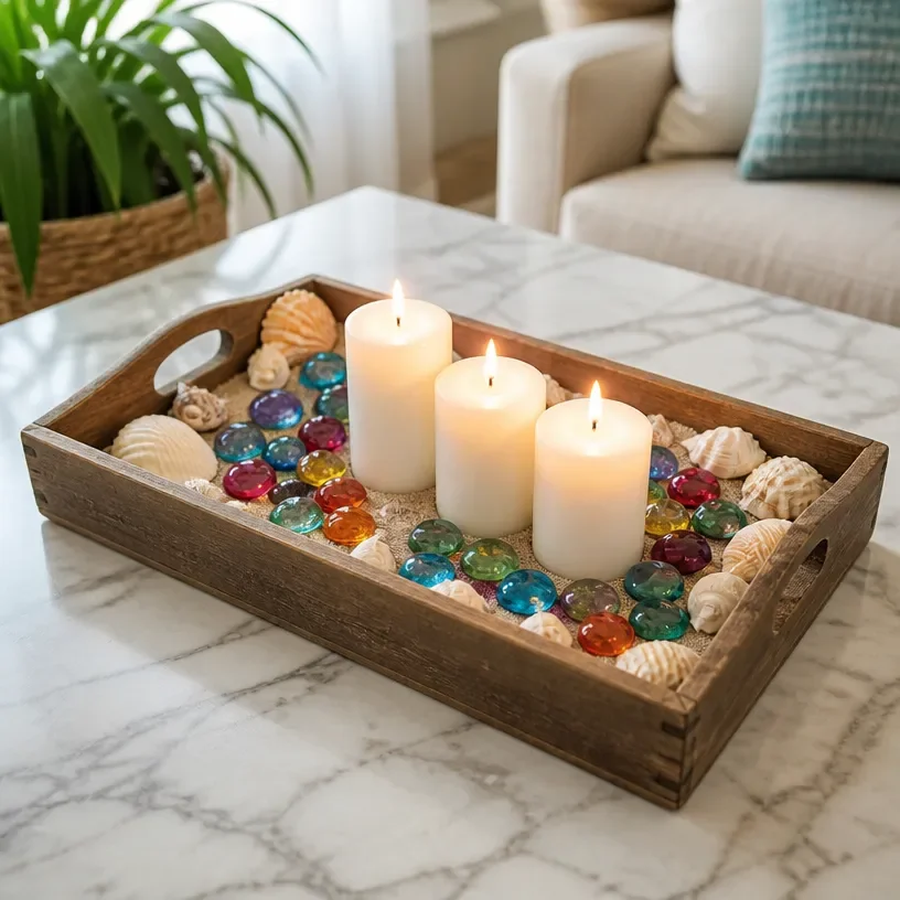 DIY beach-themed candle tray decorated with rainbow glass gems
