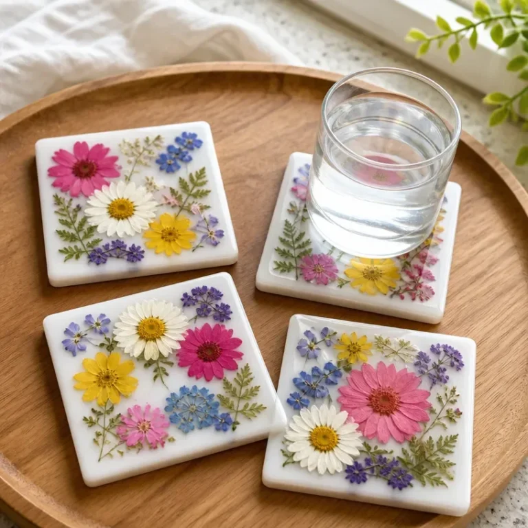DIY botanical coasters featuring pressed dried flowers for home decor.