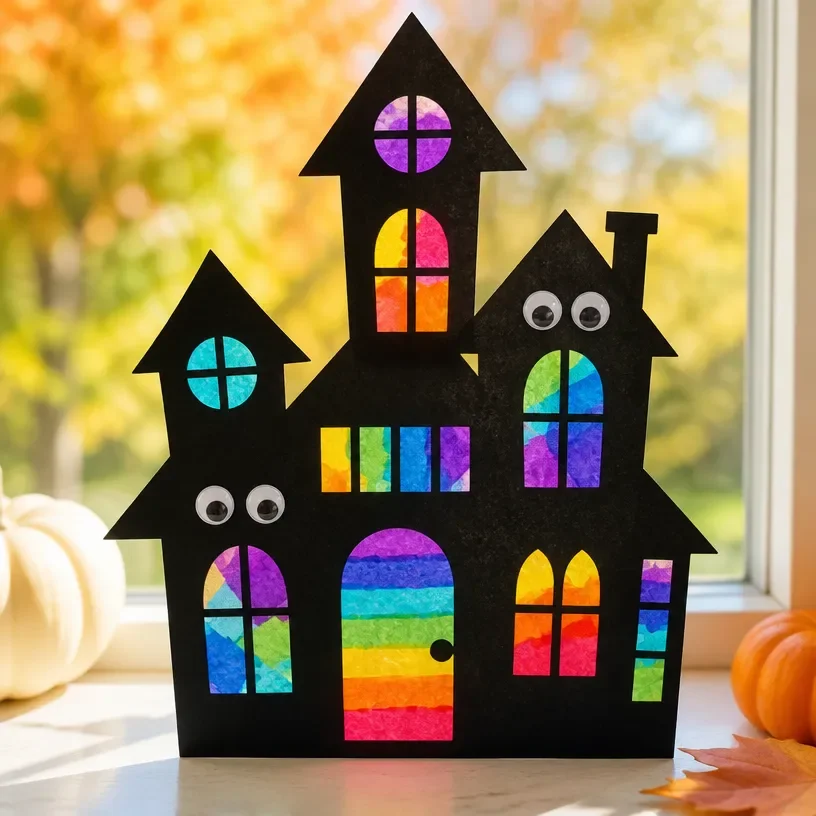 Colorful DIY haunted house suncatcher for Halloween window decoration