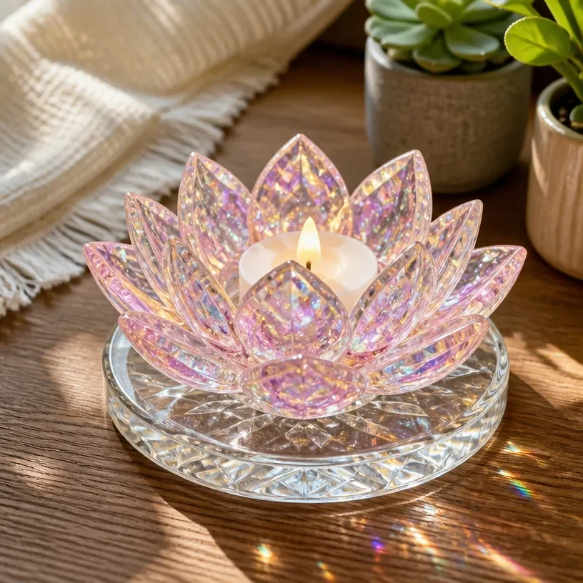 DIY crystal lotus candle holder shimmering in sunlight