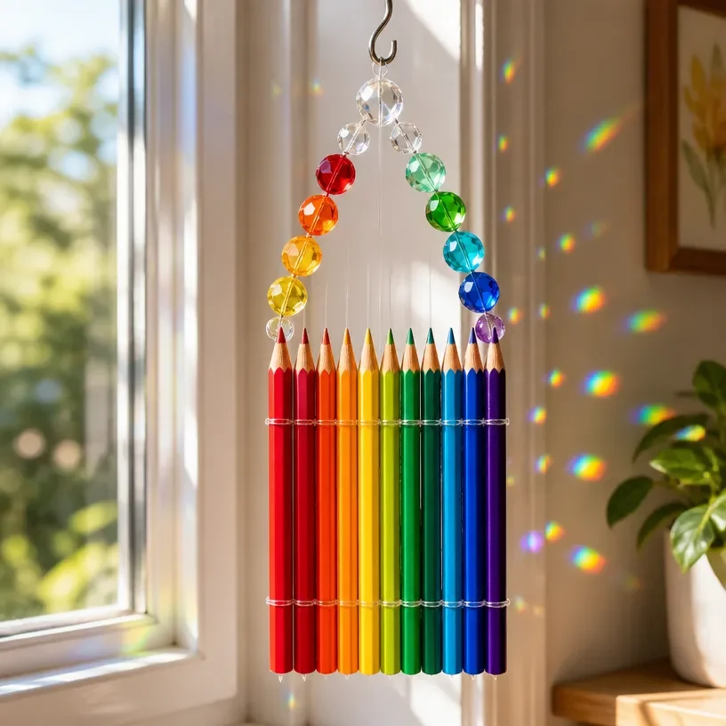 DIY rainbow crystal suncatcher hanging in window decor