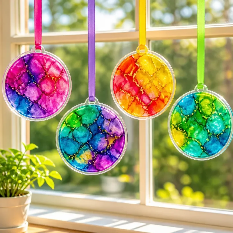 DIY faux stained glass suncatchers hanging in sunny windows