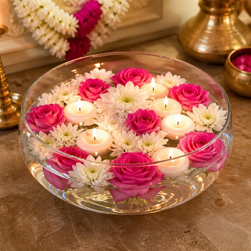 Floating Floral Candle Bowl Centerpiece for Elegant Table Decor