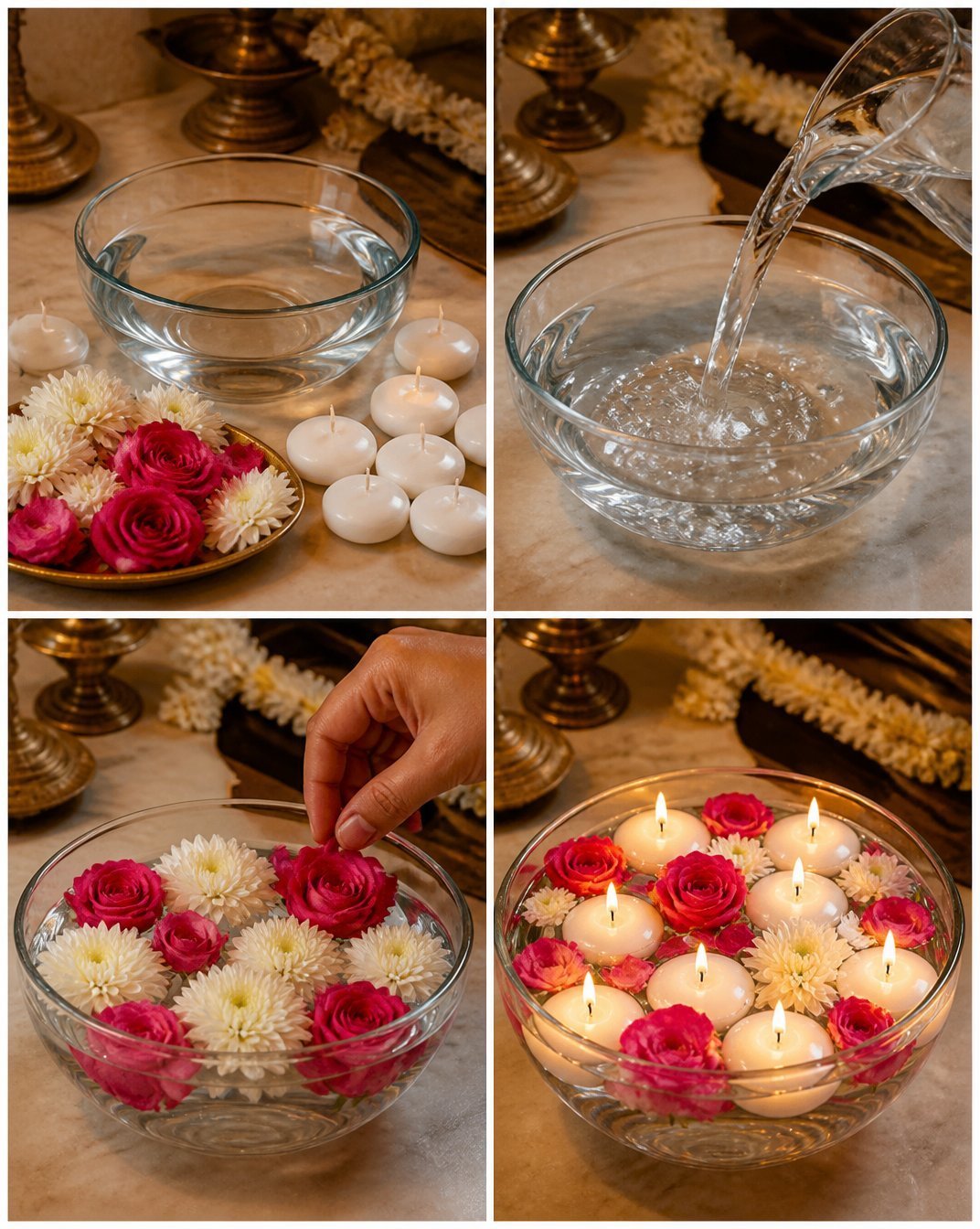 Floating Floral Candle Bowl Centerpiece for Elegant Table Decor