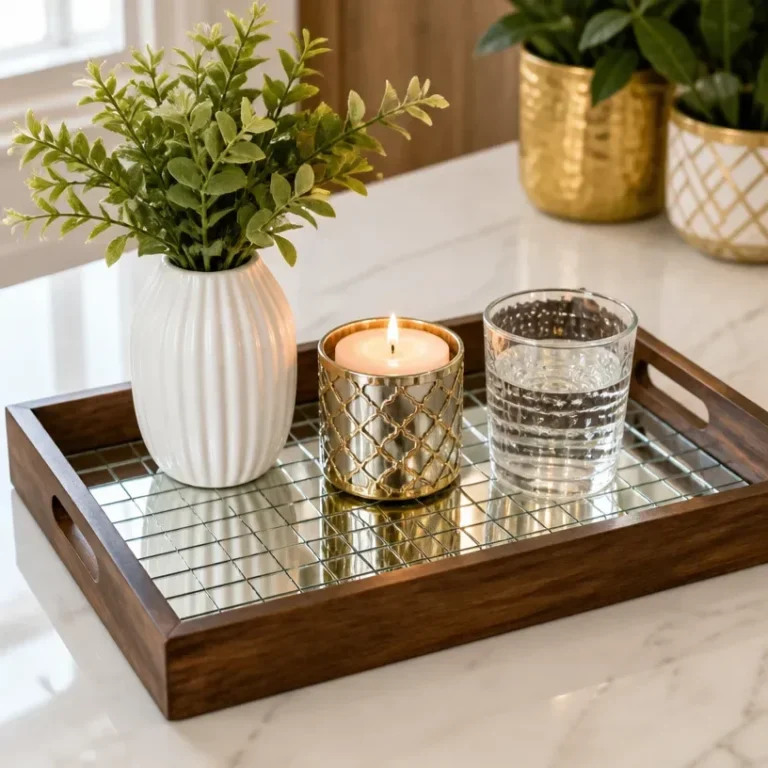 DIY modern mirror mosaic serving tray crafted in a stylish design