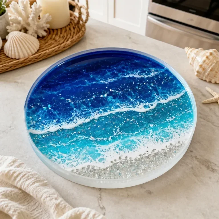 DIY ocean glitter resin tray for coastal decor with sparkling ocean-inspired design.