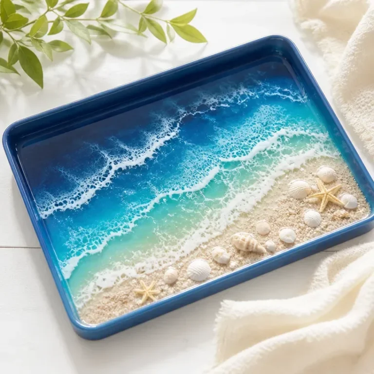 DIY ocean-themed resin-look tray for coastal home decor