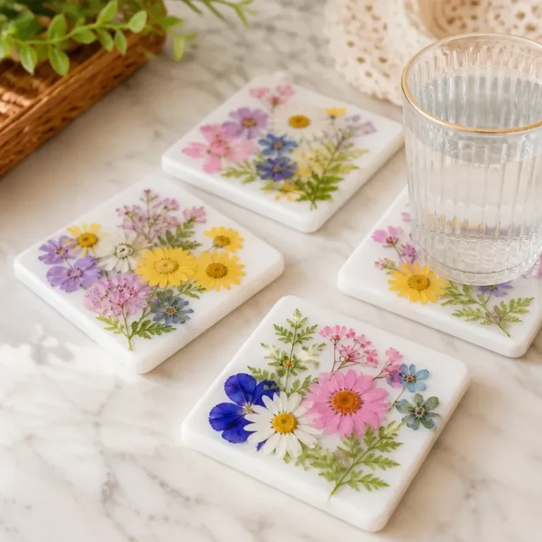 DIY pressed flower coaster set with real flowers beautifully displayed