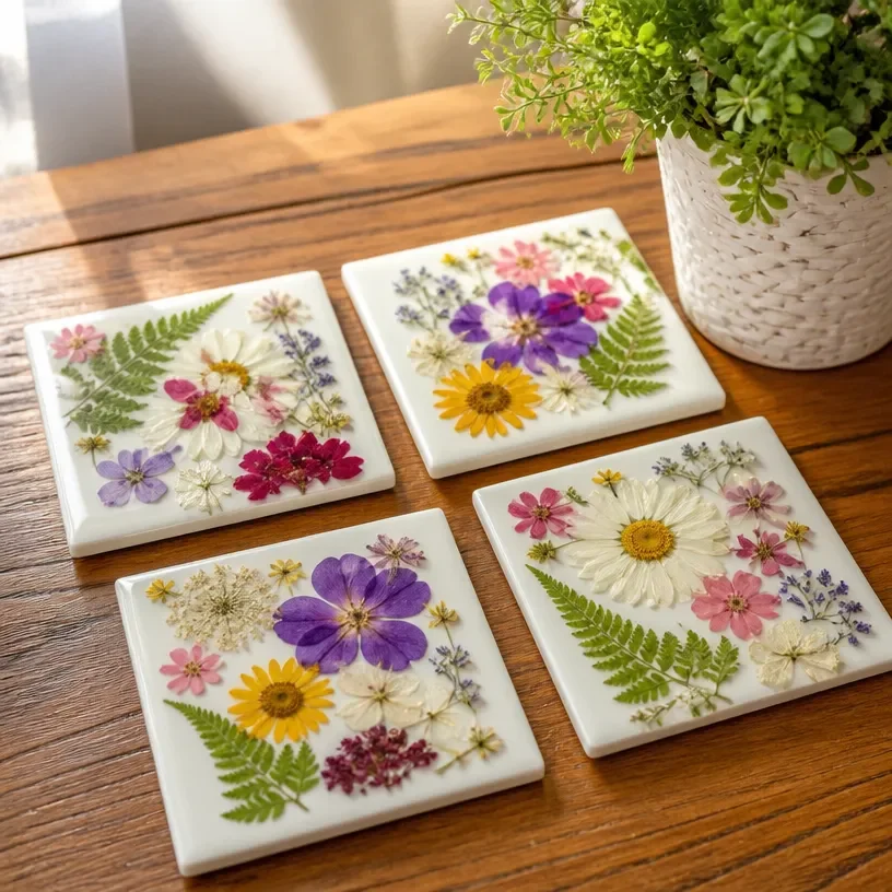 DIY pressed flower coasters for beautiful handmade floral home decor.