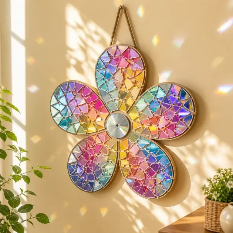 DIY rainbow CD flower mosaic wall art for vibrant home decor
