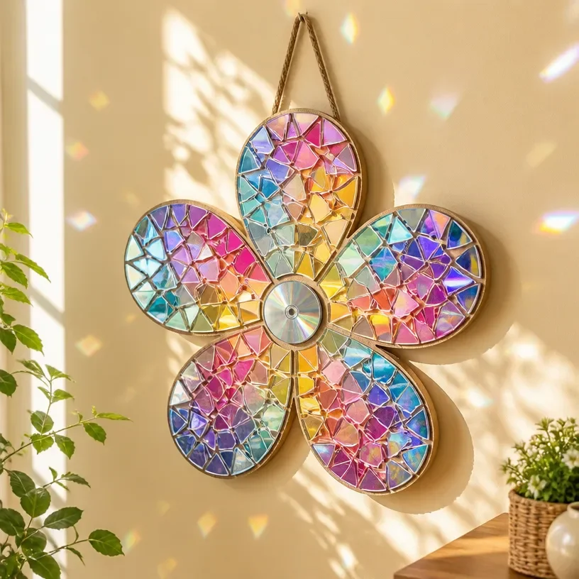 DIY rainbow CD flower mosaic wall art for vibrant home decor