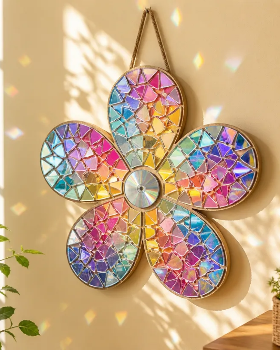 DIY Rainbow CD Flower Mosaic Wall Art for Colorful Home Decor
