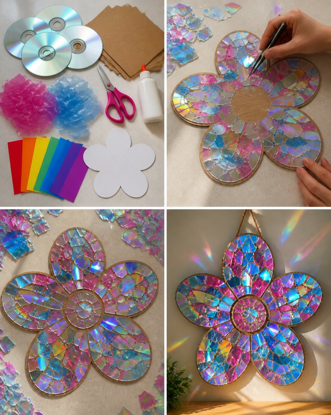Rainbow CD Flower Mosaic Wall Art for Colorful Home Decor