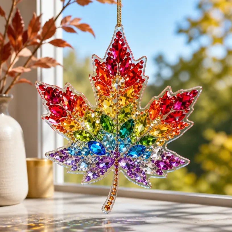 DIY rainbow crystal autumn leaf suncatcher catching sunlight