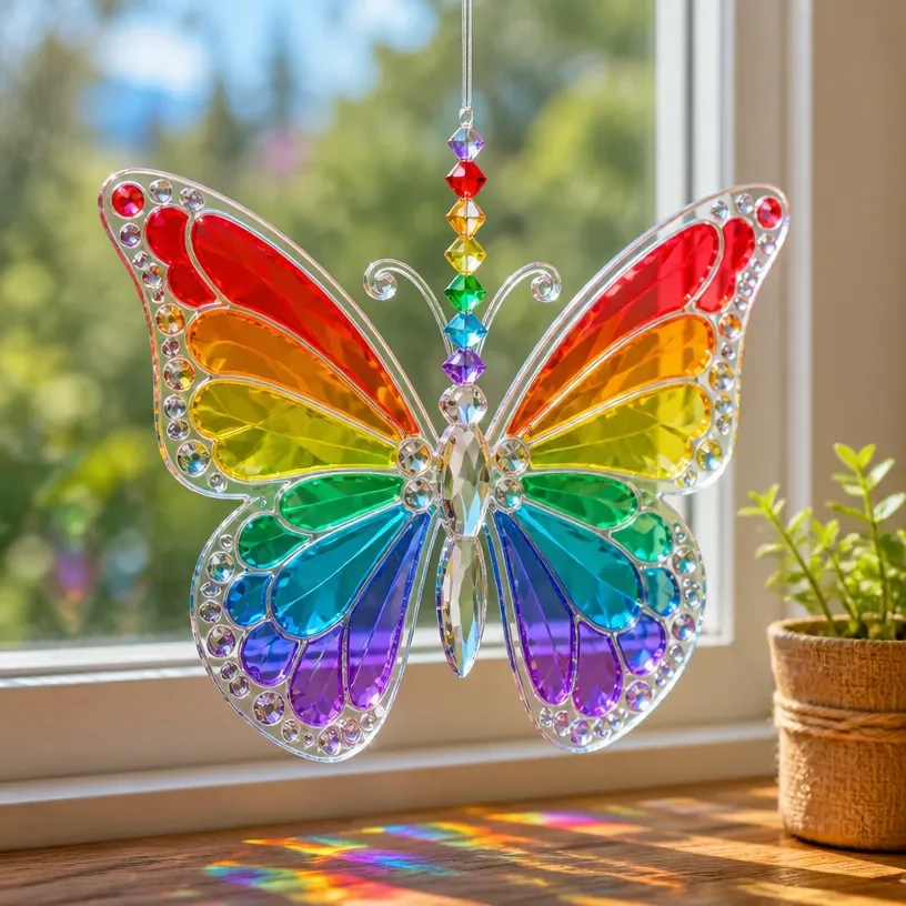 DIY rainbow crystal butterfly suncatcher hanging in a window.