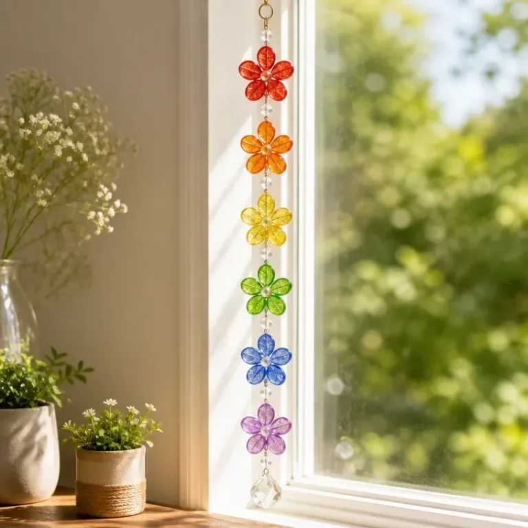 DIY rainbow crystal flower suncatcher chain hanging in a window