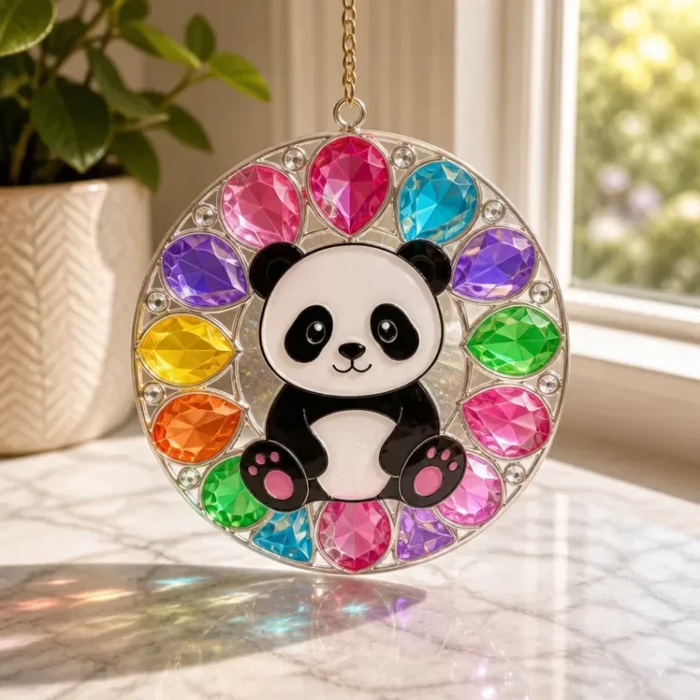 DIY Rainbow Crystal Panda Suncatcher hanging in a sunny window