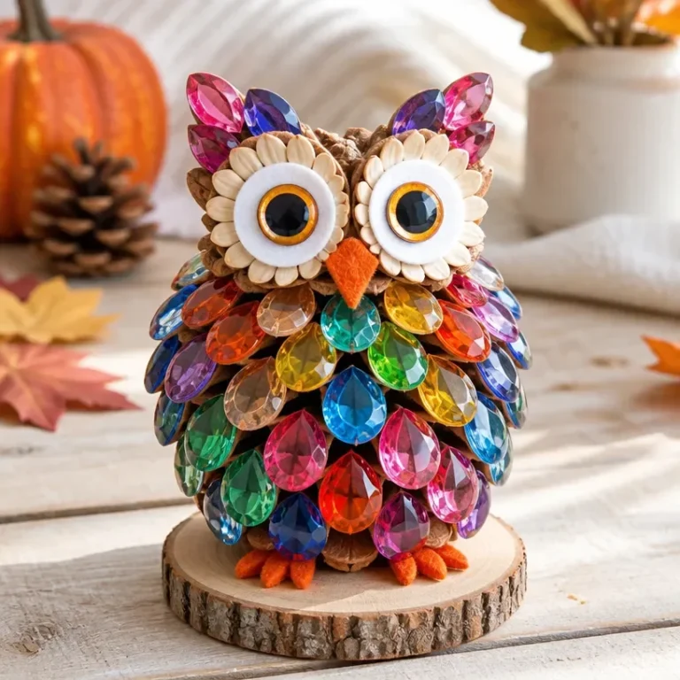 DIY Rainbow Crystal Pinecone Owl for Autumn Decor