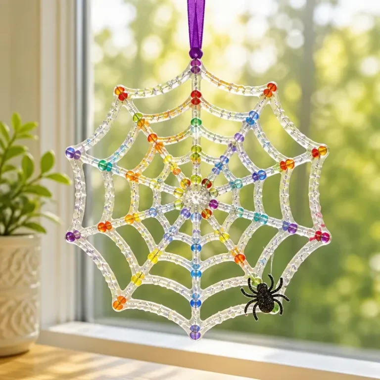 DIY rainbow crystal spiderweb suncatcher window ornament catching sunlight